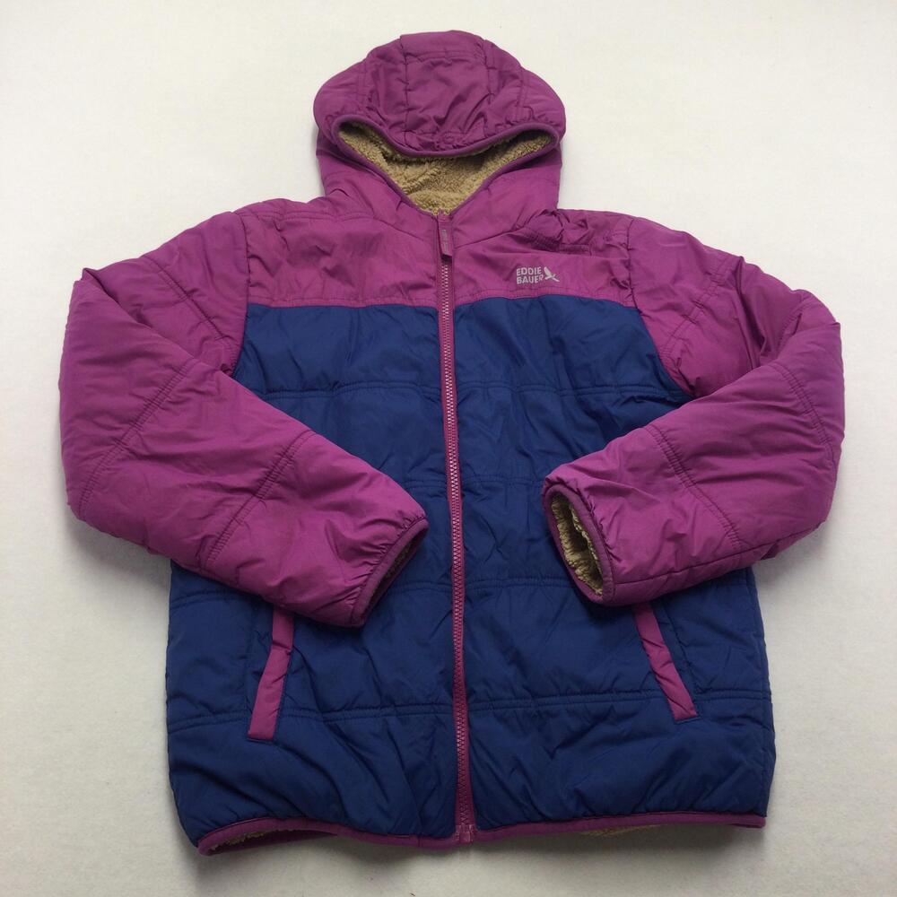 Eddie Bauer Jacket Youth Large 14/16 Purple Blue Hooded Puffer Sherpa Lined